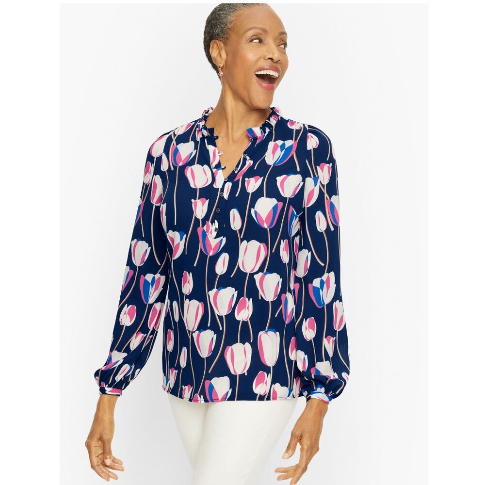 NEW Talbots Ruffle Trim Popover Navy Blue Scattered Tulips Print Women's Size 0X